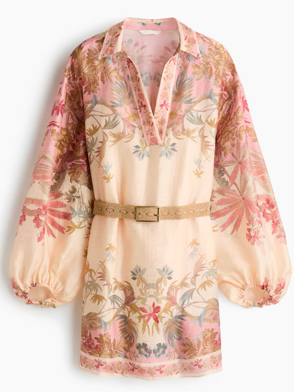 H&M NWT FLORAL BEIGE , PINK LINEN-BLEND TUNIC DRESS